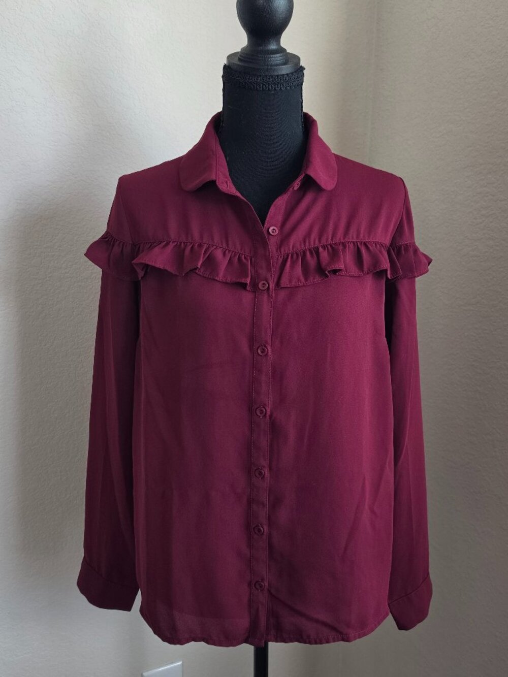 Burgundy-red Women's Button-up Dress Shirt with Ruffle